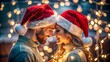 © itykhonova - Romantic Couple in Santa Hats Sharing a Tender Moment by Christmas Lights