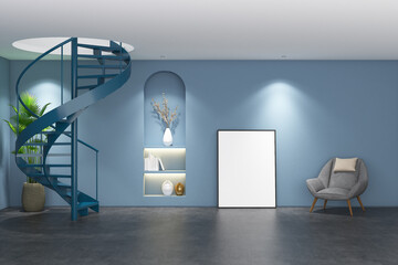 Wall Mural - 3d render of blue iron spiral staircase mockup with shelves display, minimal design. Gray cement floor, blue wall and white ceiling. Set 12