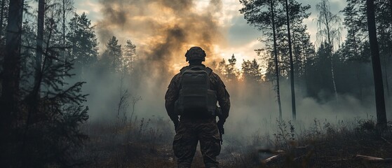 Military, war and soldier by smoke on ground, battlefield or fight in forest with army uniform, guns and protection. Warzone, warrior and person in camp look at apocalypse in woods for defence duty