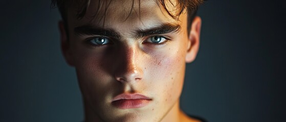 Artistic headshot of a young man with dramatic lighting and a serious expression