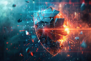 Fototapete - A hacker is penetrating a digital shield, causing fragments to scatter, illustrating a critical moment in cybersecurity and security breaches. Generative AI