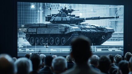 Cutting-edge battle tank designs are the highlight of a technology conference, captivating military enthusiasts and professionals on a large screen.