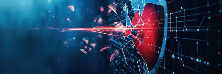 Poster - A hacker breaks through a digital shield, sending fragments flying in a dynamic representation of a cybersecurity breach. Generative AI