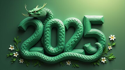 Green snake and numbers 2025 concept poster. The green wooden snake is the symbol of the Chinese New Year 2025. Raster digital illustration in photographic style