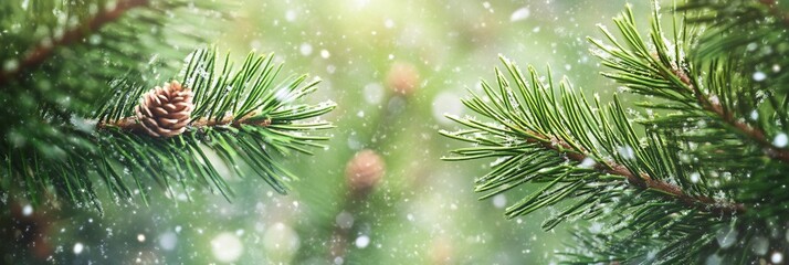 Green pine tree branches with snow falling on them