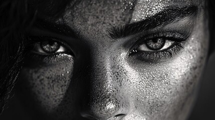 Monochrome close-up of a woman's sharp features, highlighting contours and depth in an artistic style.