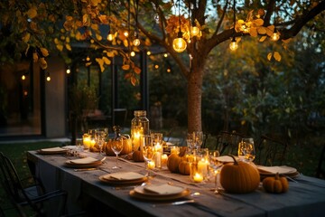 Thanksgiving table setting outdoors with pumpkins and candles. Autumn home decoration, party decoration, banner