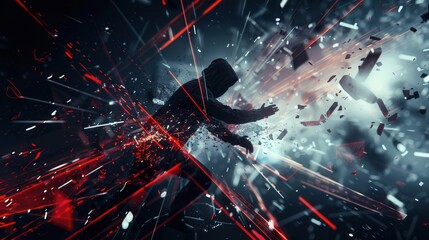 Poster - A hacker breaks through a digital shield as fragments scatter, representing a cybersecurity breach in a futuristic environment. Generative AI