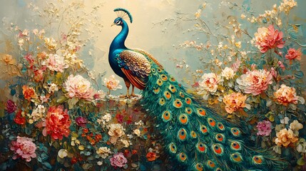 Sticker - Peacock in a Garden of Flowers.