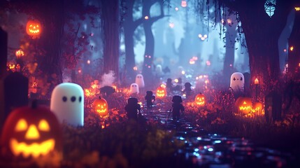 Poster - Spooky Halloween Forest with Jack-o-Lanterns and Ghosts