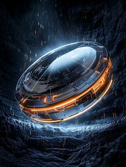 Wall Mural - High angle shot of a futuristic, dynamic shield with reflective surfaces and glowing lines, floating above a dark, textured background, more clarity with clear light and sharp focus, high detailed