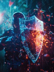 Poster - A hacker is breaking through a digital shield, with shield fragments scattering around in a vibrant cyber setting now under threat. Generative AI