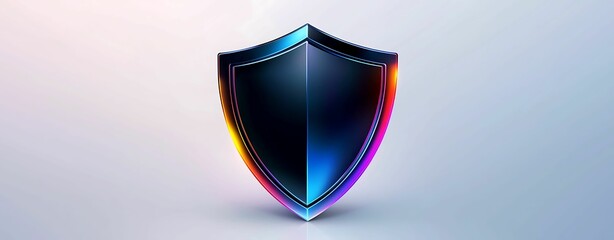 High angle shot of a modern, abstract shield icon with a 3D effect and vibrant gradients, isolated on a light gradient background, more clarity with clear light and sharp focus, high detailed