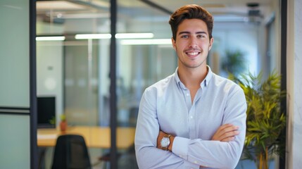 Wall Mural - Smiling handsome businessman with crossed arms in modern office,young man exuding confidence, business success concept.