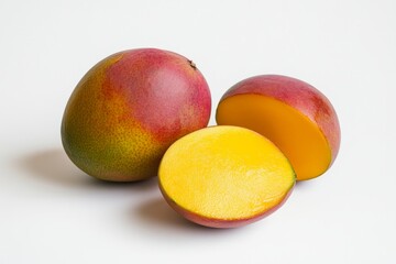 Fresh ripe mangoes on a clean backdrop. Vibrant colors showcase their natural beauty. Perfect for fruit lovers and healthy recipes. Generative AI.