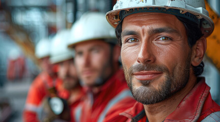 Wall Mural - Group of male builders, proud, satisfied and happy, wearing white construction helmets and red clothing. in a construction environment with sharp. Generative AI.