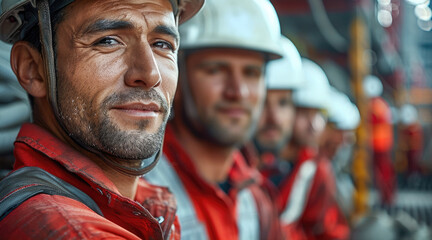Aufkleber - Group of male builders, proud, satisfied and happy, wearing white construction helmets and red clothing. in a construction environment with sharp. Generative AI.