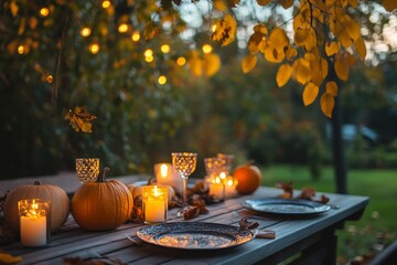 Thanksgiving table setting outdoors with pumpkins and candles. Autumn home decoration