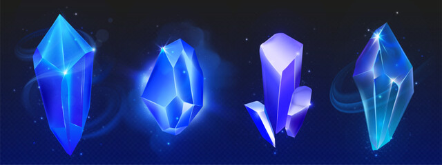 Wall Mural - magic neon glowing blue gem stone crystal on black background. realistic 3d vector illustration set 