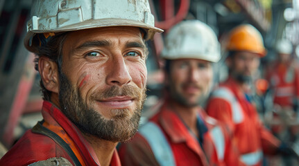 Aufkleber - Group of male builders, proud, satisfied and happy, wearing white construction helmets and red clothing. in a construction environment with sharp. Generative AI.