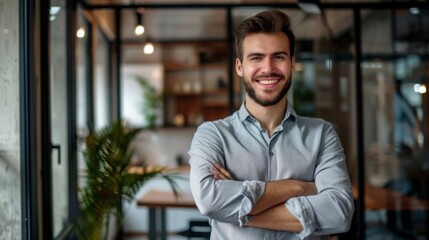 Canvas Print - Smiling handsome businessman with crossed arms in modern office,young man exuding confidence, business success concept.