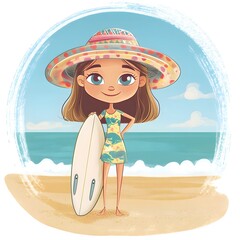 Sticker - Cute Girl on Beach with Surfboard.