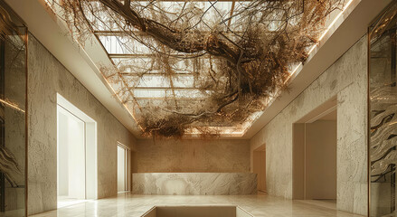 Leinwandbilder - Ceiling with dried root vines and minimal creepers on top of a hotel lobby. Generative AI.