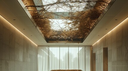 Leinwandbilder - Ceiling with dried root vines and minimal creepers on top of a hotel lobby. Generative AI.