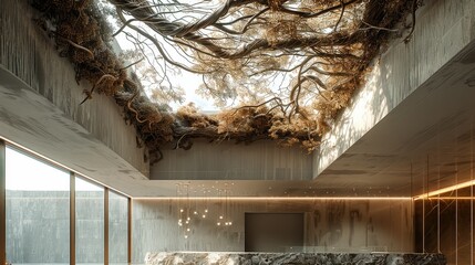 Leinwandbilder - Ceiling with dried root vines and minimal creepers on top of a hotel lobby. Generative AI.