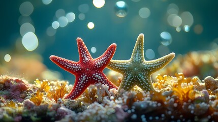 Sticker - Red and Green Starfish on Coral Reef.