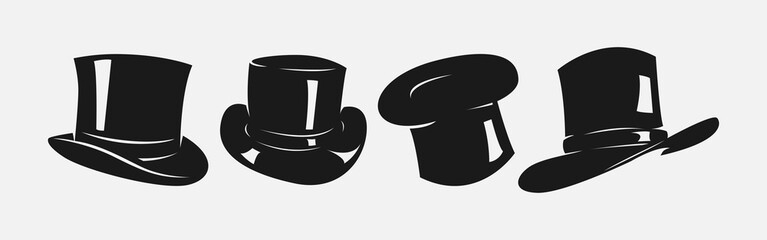 Wall Mural - Set silhouettes of top hat, magician cap. Icon, logo on white background. Vector illustration.