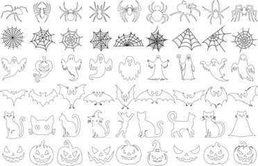 Wall Mural - halloween outline set, ghost, bat, pumpkin, cat, spider, web for festive decorations, invitations, c
