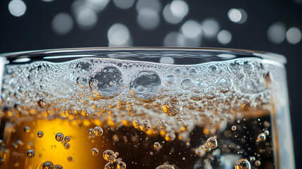 Sticker - Bubbles rise energetically in sparkling soda water, captured in a closeup view, highlighting the effervescence and clarity of the beverage