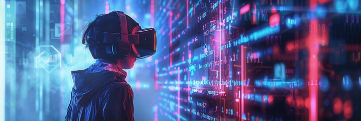 Leinwandbilder - A hacker navigates a vibrant virtual space with digital codes and locks while wearing a VR headset, immersed in a world of cybersecurity challenges. Generative AI