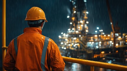 Industrial worker in orange overall and helmet watches the work of an oil rig. View from the back, oil rig in background, night, rain, stormy weather. copy space for text.