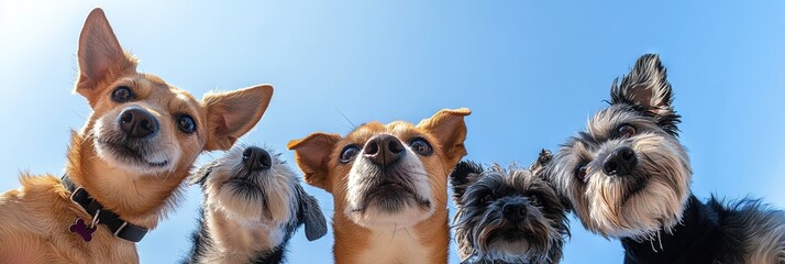 humour photo of cheeky, cute looking pack of dogs all are different breeds taking a selfie, 