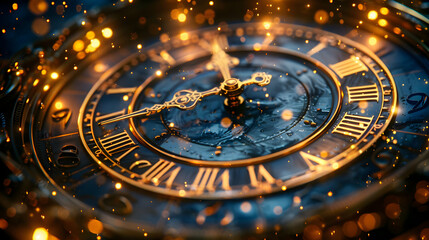 Closeup of a Golden Clock Face with Roman Numerals and Golden Sparkles - 3d Illustration