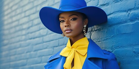 Wall Mural - african american woman wearing royal blue trench coat, yellow shirt, blue hat,