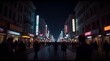 © Andrew505 - Vibrant Night Street Scene: Urban Shopping District with Neon Signs and Pedestrians