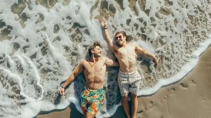 Two friends are sitting leisurely on the sandy beach, enjoying each others company while they playfully interact with the gentle ocean waves under the bright and warm sun on this lovely day