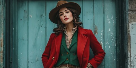 Wall Mural - woman wearing red coat, green vest, brown hat, 