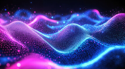 Aufkleber - Abstract digital waves of blue and pink particles on a dark background. Futuristic technology concept. High quality photo