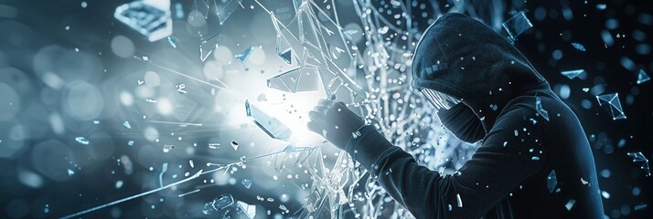 Poster - A hacker is breaking through a digital firewall with fragments of the shield scattering in a dramatic display of cyber intrusion. Generative AI
