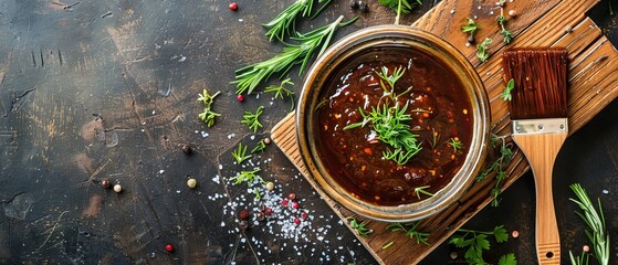 Wall Mural - Marinade in bowl and basting brush on table