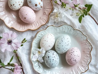 Delicate pastel easter eggs on vintage plates with spring blooms for a charming spring display