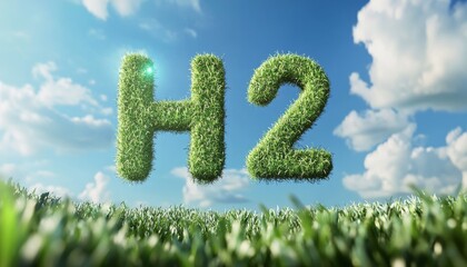 Green grass H2 symbol in a sunny landscape with blue sky and clouds