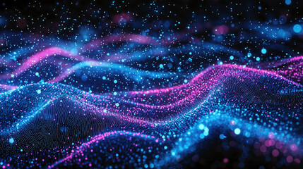 Aufkleber - Abstract digital waves with blue and pink particles on a dark background. Futuristic technology and data visualization concept. High quality photo