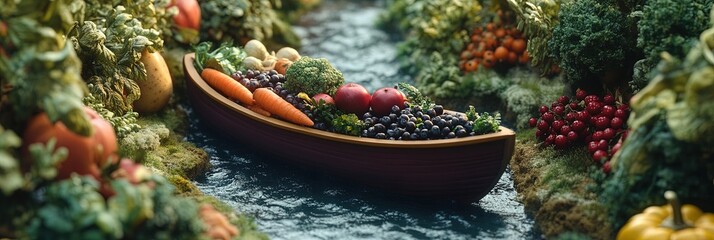 Wall Mural - Vegetables and fruits--purple potato, avocado, tomato, carrot, apple, pumpkin, cabbage, hawthorn, blueberry, cranberry, in the river