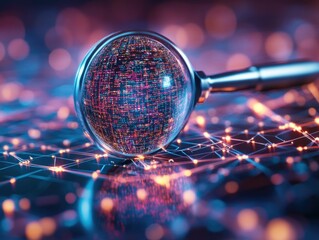 Wall Mural - a 3d magnifying glass hovering over a digital network revealing hidden data and symbolizing the prec