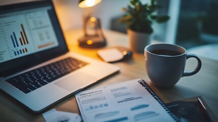 An overhead shot of a workspace featuring a budgeting journal, a laptop with financial software, and a mug of tea, warm light from a desk lamp creating a cozy ambiance, blurred background of a modern